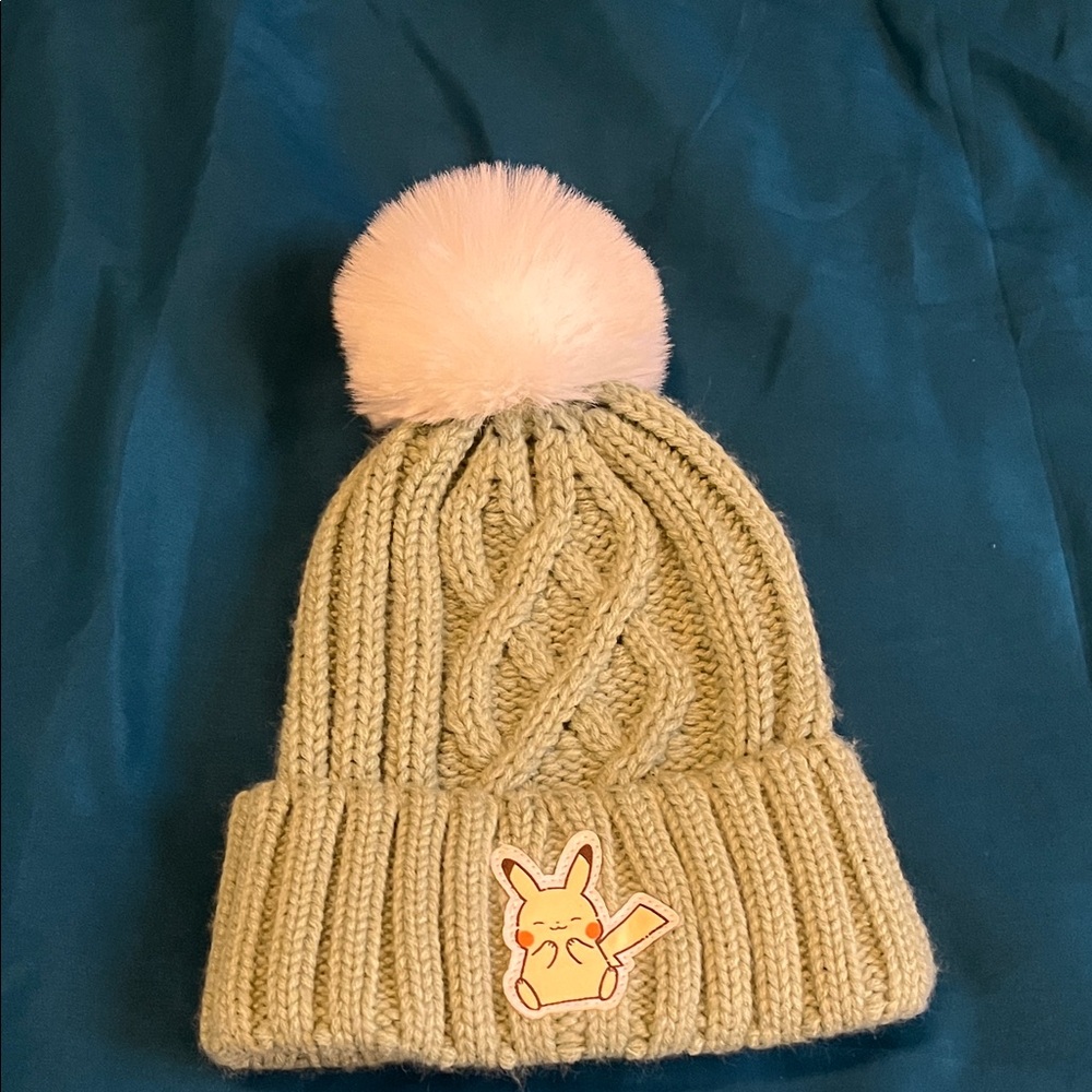 Electric Family Green Knit Hat with Pink Pom Pom